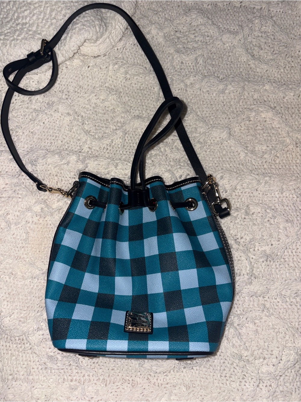 Dooney & Bourke Teal and Black Plaid Drawstring Mini Crossbody